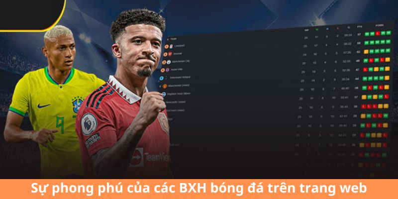 Sự phong phú của các BXH bóng đá trên trang web